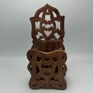 Vintage Wood Letter Holder India Teak Carved Wooden Wall Pocket Floral Decor